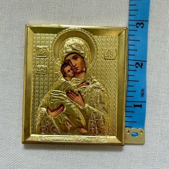 Authentic Russian icon miniature of Madonna and child w/gold tone metal framing - Picture 4 of 5